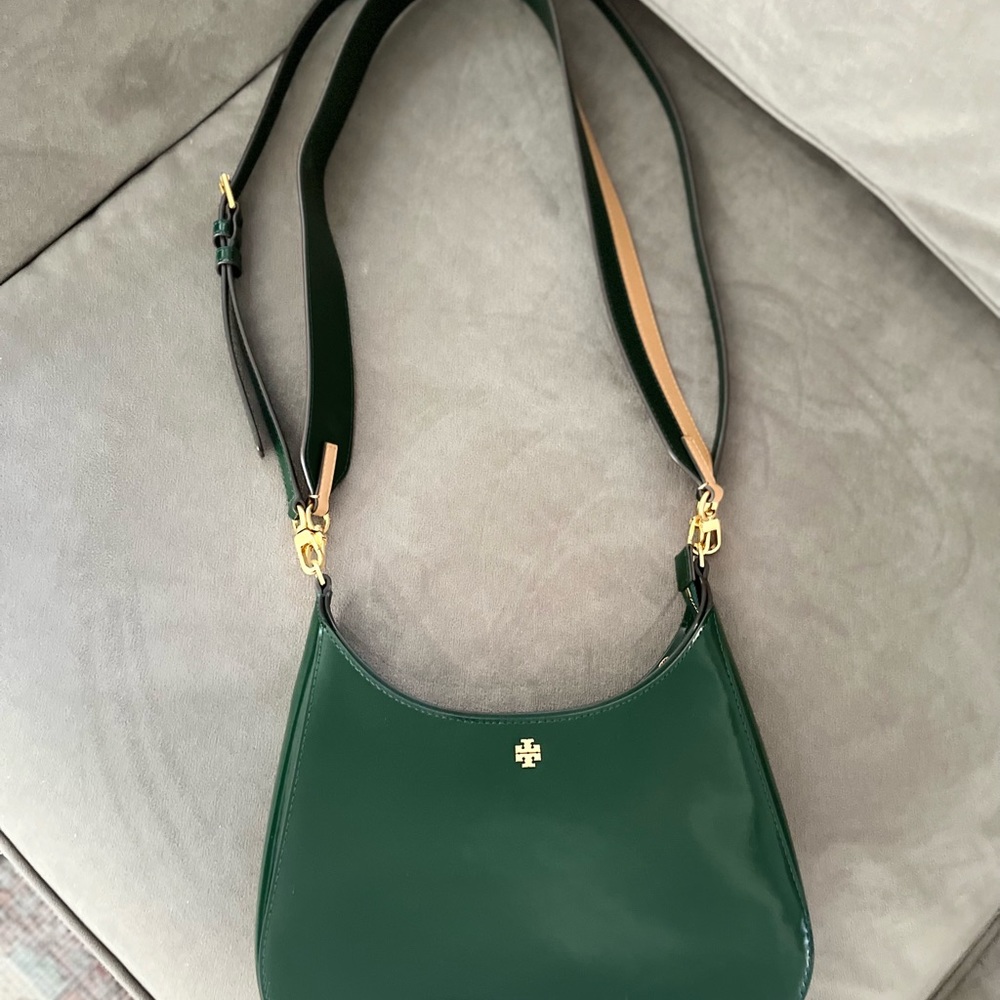 TORY BURCH Handbag Emerson Swingpack Patent Pine Green Leather Bag Purse - Picture 3 of 10